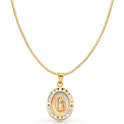 14K Gold Guadalupe CZ Religious Charm Pendant with 0.8mm Box Chain Necklace