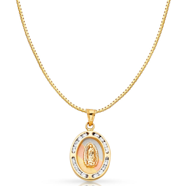 14K Gold Guadalupe CZ Religious Charm Pendant with 0.8mm Box Chain Necklace