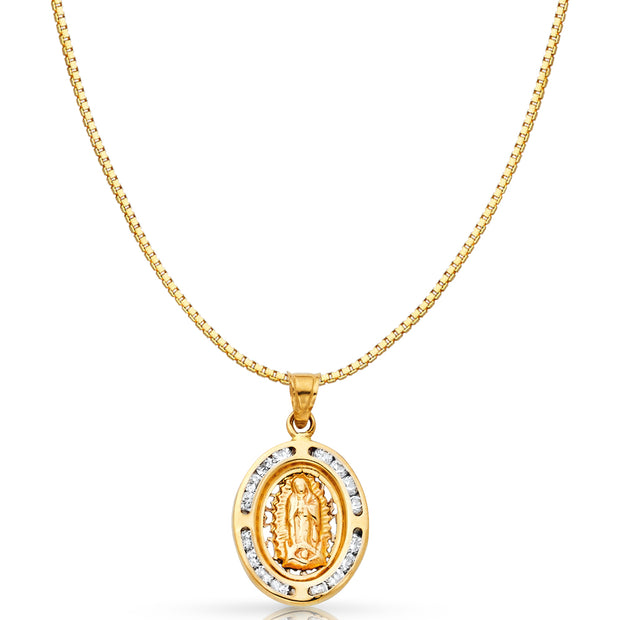 14K Gold Guadalupe CZ Religious Charm Pendant with 0.8mm Box Chain Necklace