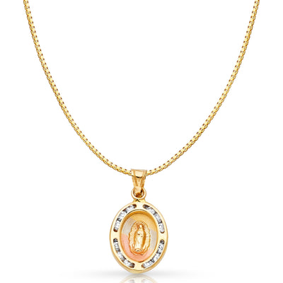 14K Gold Guadalupe CZ Religious Charm Pendant with 0.8mm Box Chain Necklace