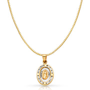 14K Gold Guadalupe CZ Religious Charm Pendant with 0.8mm Box Chain Necklace