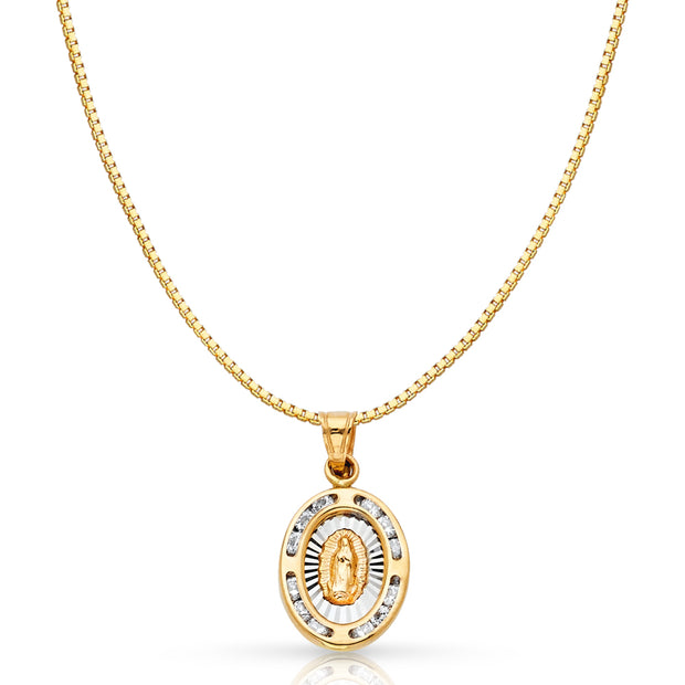 14K Gold Guadalupe CZ Religious Charm Pendant with 0.8mm Box Chain Necklace