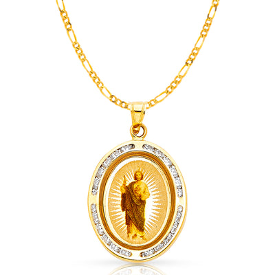 14K Gold St. Jude CZ Pendant with 2.3mm Figaro 3+1 Chain