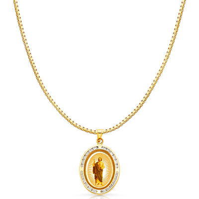 14K Gold St. Jude CZ Religious Charm Pendant with 1.2mm Box Chain Necklace