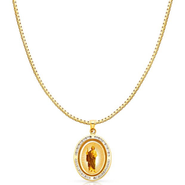 14K Gold St. Jude CZ Religious Charm Pendant with 1.2mm Box Chain Necklace