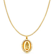 14K Gold Guadalupe CZ Religious Charm Pendant with 1.2mm Box Chain Necklace