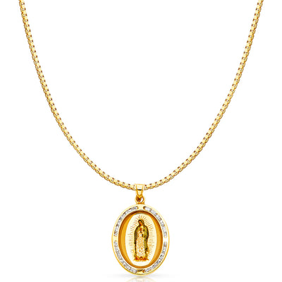 14K Gold Guadalupe CZ Religious Charm Pendant with 1.2mm Box Chain Necklace