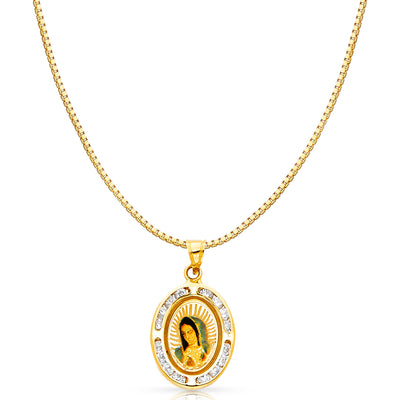 14K Gold Guadalupe CZ Religious Charm Pendant with 0.8mm Box Chain Necklace