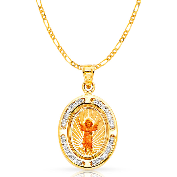 14K Gold Devine Infant Jesus CZ Pendant with 2mm Figaro 3+1 Chain