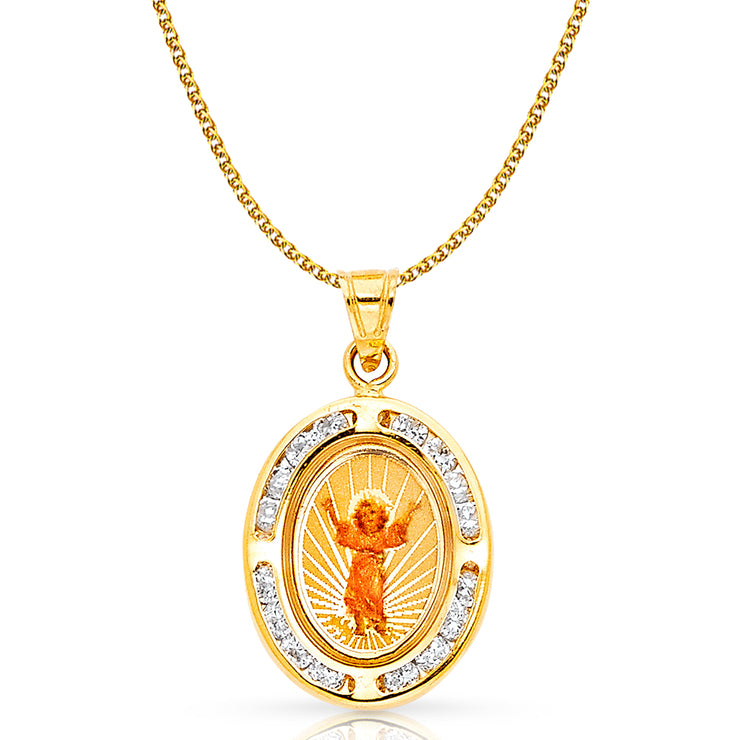 14K Gold Devine Infant Jesus CZ Pendant with 1.2mm Flat Open Wheat Chain