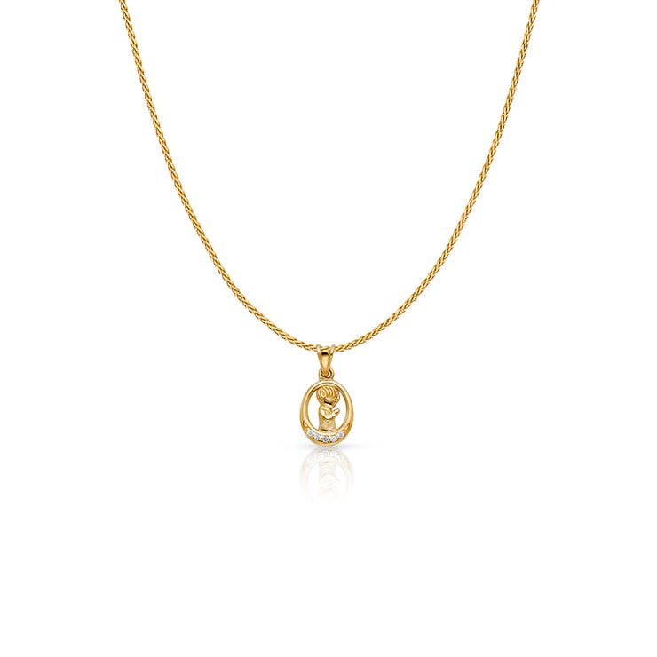 14K Gold CZ Boy Prayer Charm Pendant with 0.9mm Wheat Chain Necklace