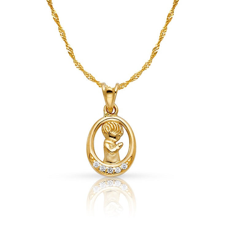 14K Gold CZ Boy Prayer Pendant with 0.9mm Singapore Chain