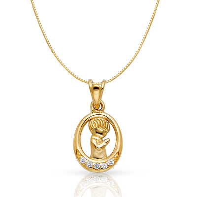 14K Gold CZ Boy Prayer Religious Charm Pendant with 0.6mm Box Chain Necklace