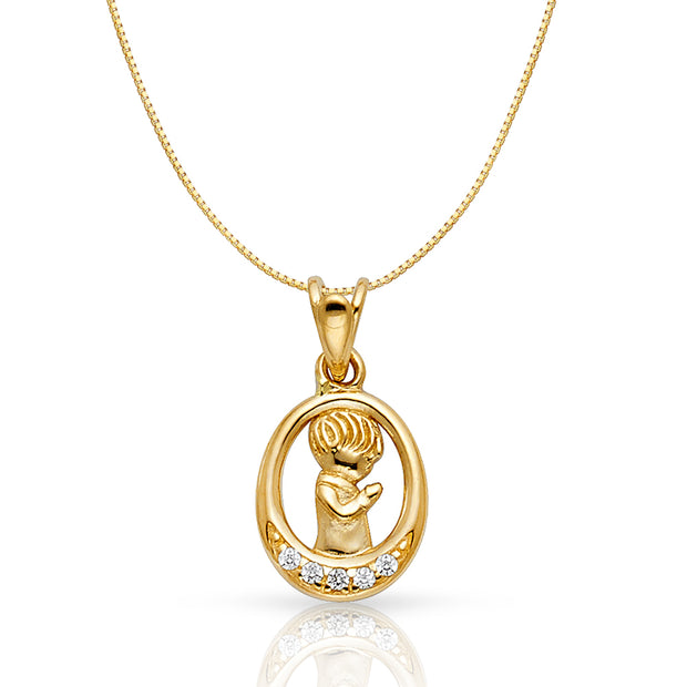 14K Gold CZ Boy Prayer Religious Charm Pendant with 0.6mm Box Chain Necklace