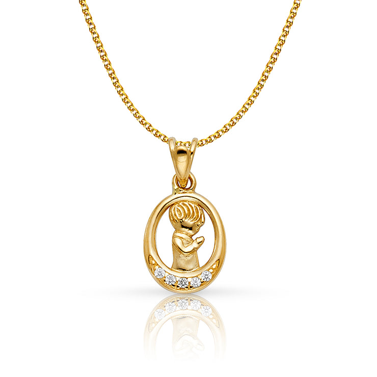 14K Gold CZ Boy Prayer Pendant with 1.2mm Flat Open Wheat Chain