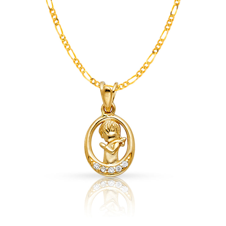 14K Gold CZ Girl Prayer Pendant with 2mm Figaro 3+1 Chain