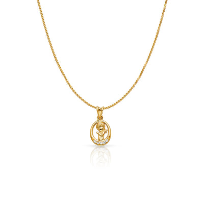 14K Gold CZ Girl Prayer Charm Pendant with 0.9mm Wheat Chain Necklace