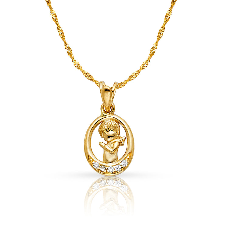 14K Gold CZ Girl Prayer Pendant with 0.9mm Singapore Chain