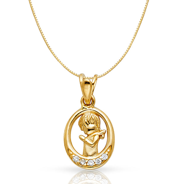14K Gold CZ Girl Prayer Religious Charm Pendant with 0.6mm Box Chain Necklace