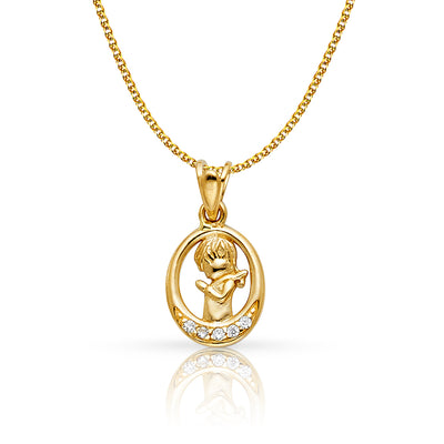 14K Gold CZ Girl Prayer Pendant with 1.2mm Flat Open Wheat Chain