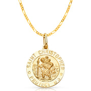 14K Gold St. Christopher Protect Us Pendant with 2.3mm Figaro 3+1 Chain