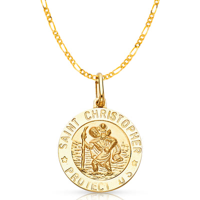 14K Gold St. Christopher Protect Us Pendant with 2.3mm Figaro 3+1 Chain