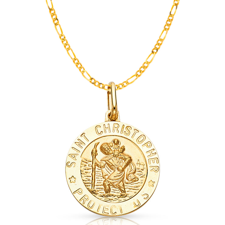 14K Gold St. Christopher Protect Us Pendant with 2.3mm Figaro 3+1 Chain
