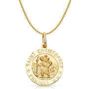 14K Gold St. Christopher Protect Us Pendant with 1.7mm Flat Open Wheat Chain