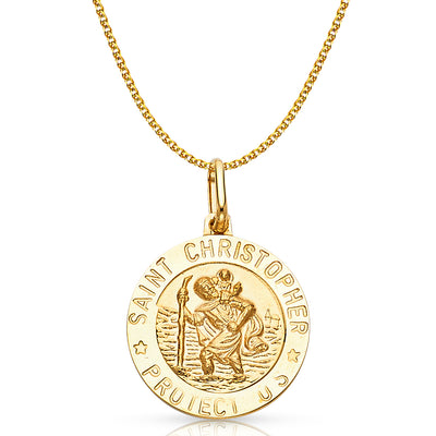 14K Gold St. Christopher Protect Us Pendant with 1.7mm Flat Open Wheat Chain