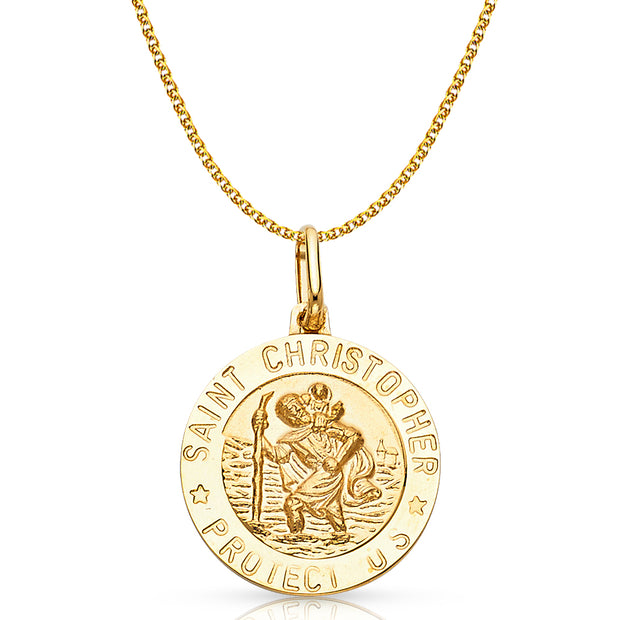 14K Gold St. Christopher Protect Us Pendant with 1.7mm Flat Open Wheat Chain