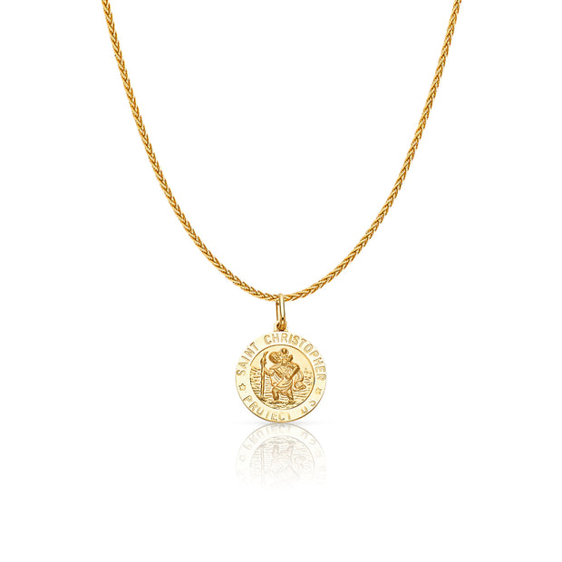 14K Gold St. Christopher Protect Us Charm Pendant with 1.1mm Wheat Chain Necklace