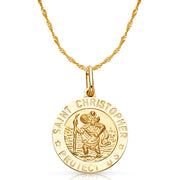 14K Gold St. Christopher Protect Us Pendant with 1.2mm Singapore Chain