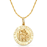 14K Gold St. Christopher Protect Us Pendant with 1.2mm Singapore Chain