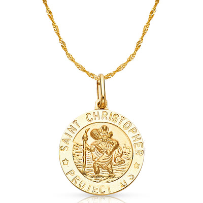 14K Gold St. Christopher Protect Us Pendant with 1.2mm Singapore Chain