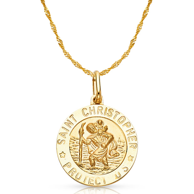 14K Gold St. Christopher Protect Us Pendant with 1.2mm Singapore Chain