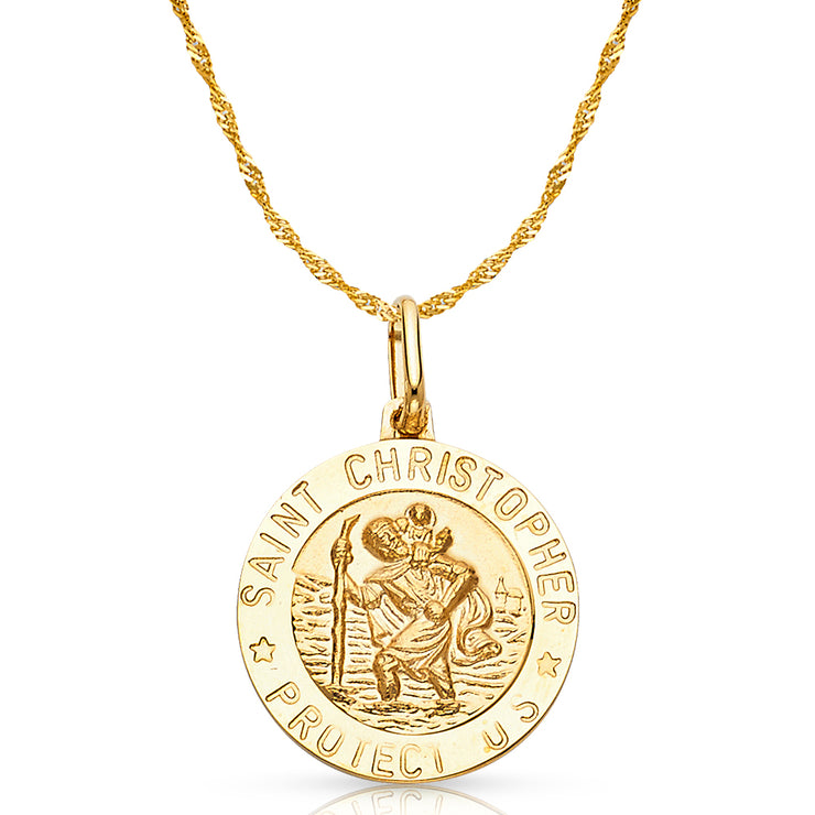 14K Gold St. Christopher Protect Us Pendant with 1.2mm Singapore Chain