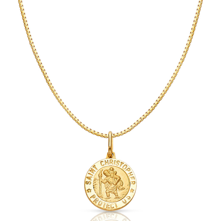 14K Gold St. Christopher Protect Us Religious Charm Pendant with 0.8mm Box Chain Necklace