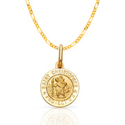 14K Gold St. Christopher Protect Us Pendant with 2mm Figaro 3+1 Chain