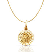 14K Gold St. Christopher Protect Us Religious Charm Pendant with 0.8mm Box Chain Necklace