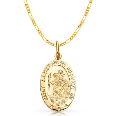 14K Gold St. Christopher Protect Us Pendant with 2.3mm Figaro 3+1 Chain