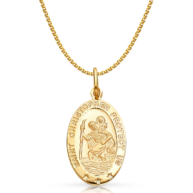 14K Gold St. Christopher Protect Us Pendant with 1.7mm Flat Open Wheat Chain