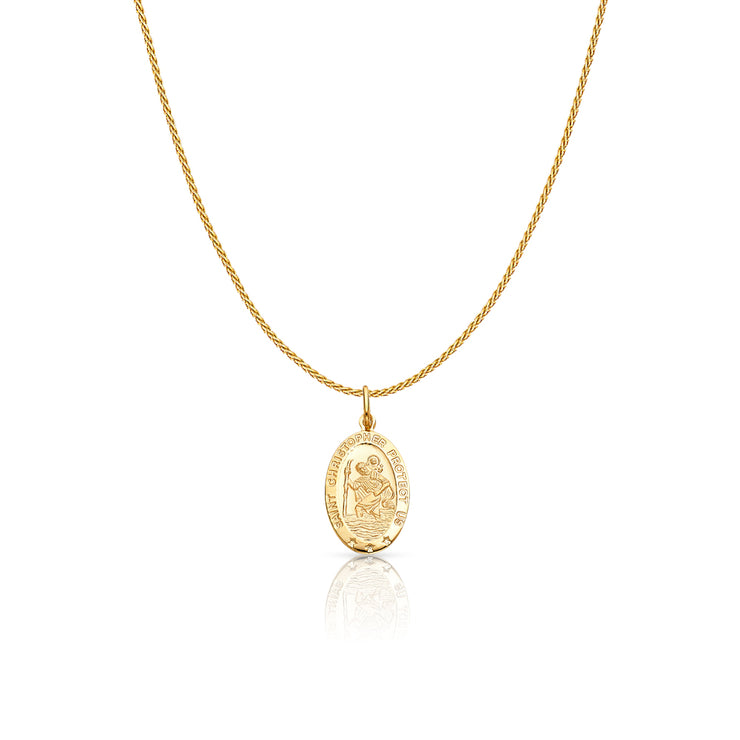 14K Gold St. Christopher Protect Us Charm Pendant with 0.9mm Wheat Chain Necklace