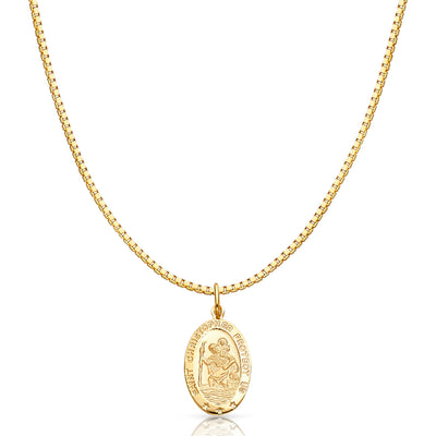 14K Gold St. Christopher Protect Us Religious Charm Pendant with 1.2mm Box Chain Necklace