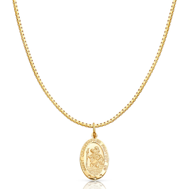 14K Gold St. Christopher Protect Us Religious Charm Pendant with 1.2mm Box Chain Necklace