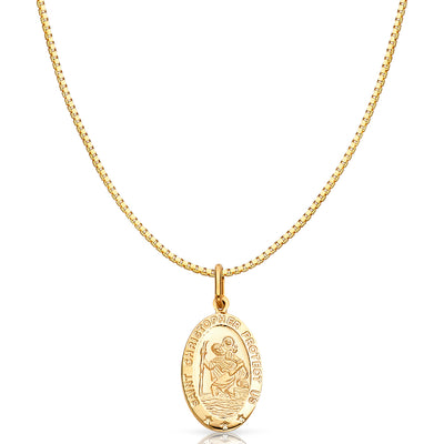 14K Gold St. Christopher Protect Us Religious Charm Pendant with 0.8mm Box Chain Necklace