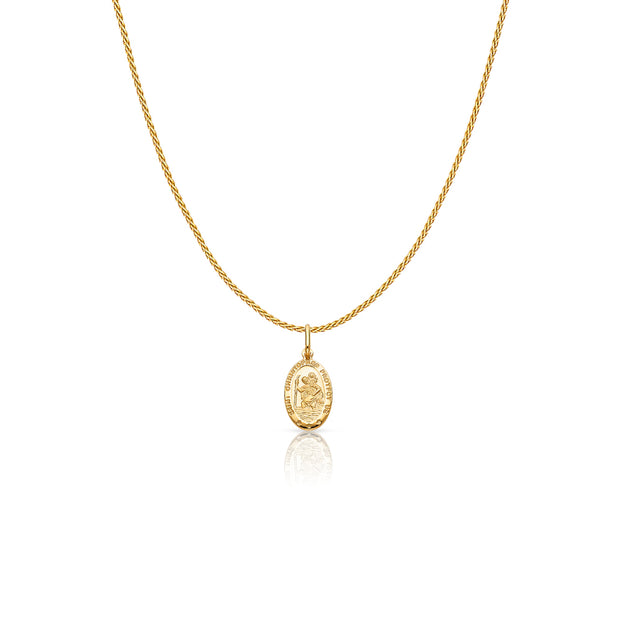 14K Gold St. Christopher Protect Us Charm Pendant with 0.9mm Wheat Chain Necklace