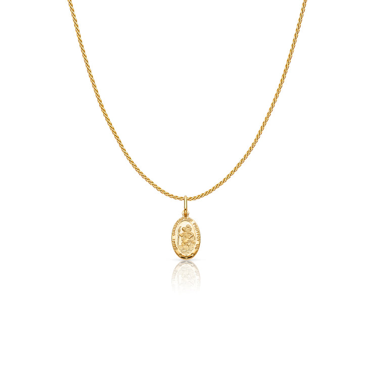 14K Gold St. Christopher Protect Us Charm Pendant with 0.9mm Wheat Chain Necklace