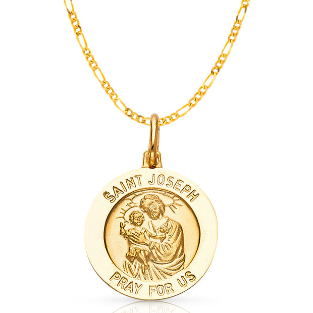 14K Gold St. Joseph Pray For Us Pendant with 2.3mm Figaro 3+1 Chain