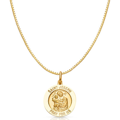 14K Gold St. Joseph Pray For Us Religious Charm Pendant with 0.8mm Box Chain Necklace