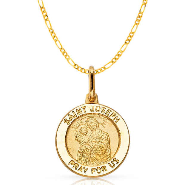 14K Gold St. Joseph Pray For Us Pendant with 2mm Figaro 3+1 Chain